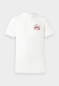Hvit bomull t-skjorte med et fargerikt solgrafikk og teksten "RIP CURL" under, rund hals og korte ermer.