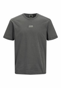 Szara bawełniana koszulka z krótkim rękawem, okrągłym dekoltem i nadrukowanym na piersi logo „JACK & JONES”. Gładka faktura, regularny krój.