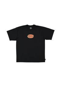 Zwarte T-shirt met korte mouwen van katoen, met een gekleurde grafische afbeelding in het midden die lijkt op een hotdog in ovale vorm.