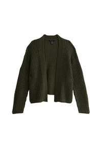 Cardigan in maglia di colore verde scuro, design aperto sul fronte, motivo testurizzato, spalle abbassate, polsini e orlo a costine. Vestibilità morbida e informale.