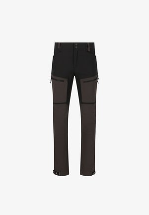 Wasserabweisende schwarze Hose mit dunkelgrauen Akzenten, mehreren mit Reißverschluss versehenen Taschen und verstellbaren Bündchen. Hergestellt aus strapazierfähigem synthetischem Material.