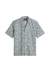 Korte mouwen blouse in lichtblauw met een wit bladerenpatroon, gemaakt van lichtgewicht stof. Voorzien van een klassieke kraag en knopen aan de voorkant.
