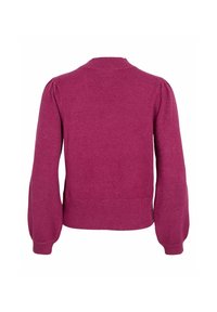 Magenta dzianinowy sweter z okrągłym dekoltem, bufiastymi długimi rękawami i prążkowanym wykończeniem. Gładka faktura, dopasowany fason i minimalistyczny design.