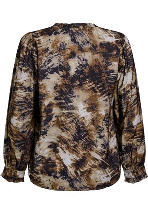 Ilga rankovė palaidinė iš švelnios medžiagos, su ruda ir juoda abstrakčia raštu, surinktomis rankovėmis ir apvaliu iškirpimu.