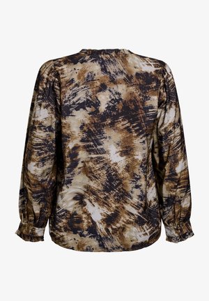 Blusa a maniche lunghe in un tessuto morbido con un motivo astratto marrone e nero, con polsini arricciati e scollo rotondo.