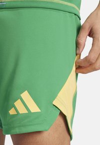 Pantaloni sportivi verdi con un pannello laterale giallo e logo Adidas. Realizzati in tessuto elasticizzato, dotati di tasca laterale e texture in rete.