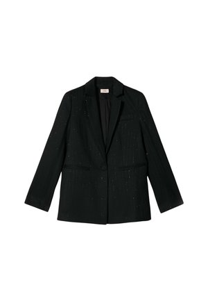 Black blazer with pinstripe design, made of textured material. Features a single button closure and two front pockets.