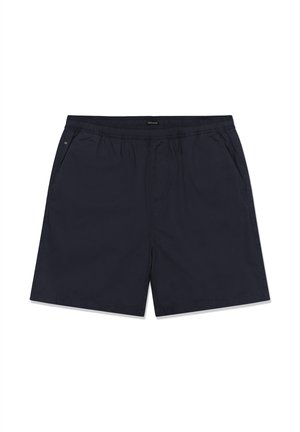 Pantalones cortos con cintura elástica negra y bolsillos laterales, talla mediana, fabricados con tejido ligero, diseñados para uso casual.