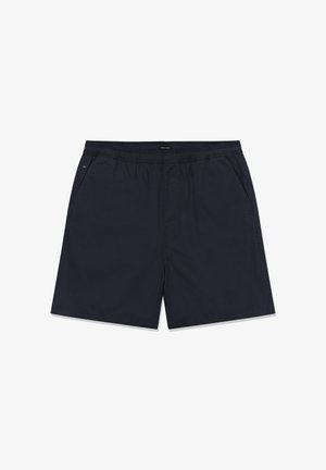 Pantalones cortos con cintura elástica negra y bolsillos laterales, talla mediana, fabricados con tejido ligero, diseñados para uso casual.