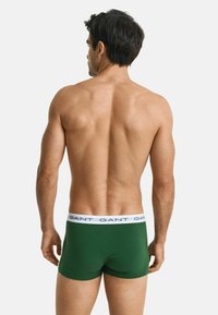 Boxer in cotone verde con un elastico bianco, con il nome del marchio "GANT" ripetuto. Visibile dal retro.