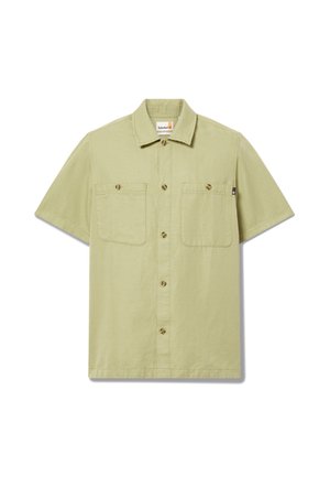 Lysegrøn kortærmet skjorte med knapper foran, to brystlommer med knapper og krave.