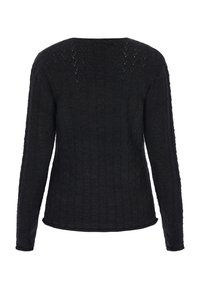 Schwarzer, gestrickter Pullover mit langen Ärmeln, der ein strukturiertes Muster aufweist. Rundhalsausschnitt und leicht längerer Saum hinten ohne sichtbare Beschläge.