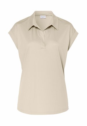 Beige Poloshirt mit weicher Textur, kurzen Ärmeln und einem kragenförmigen Ausschnitt. Verfügt über einen dezenten Knopfverschluss an der Vorderseite.