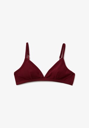 Bordeaux-farbener, dreieckiger Bralette mit verstellbaren Trägern und weichem Stoff. Fältchen am unteren Rand der Cups für eine dezente Konturierung.