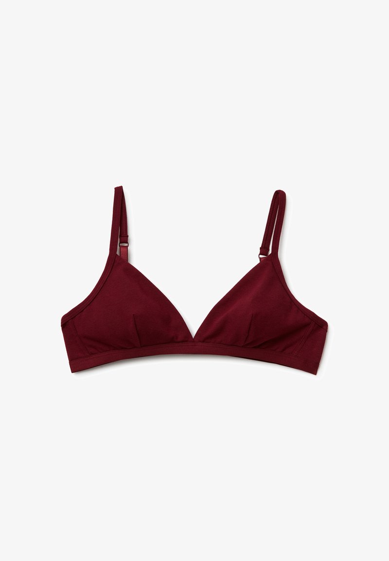 Bralette triangolare bordeaux con spalline regolabili e tessuto morbido. Pieghe alla base delle coppe per un leggero effetto di contorno.