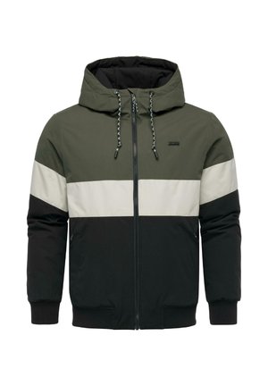 Hættejakke med farveblokdesign i olivengrøn, creme og sort. Har lynlås foran, justerbare snore og ribbede manchetter.