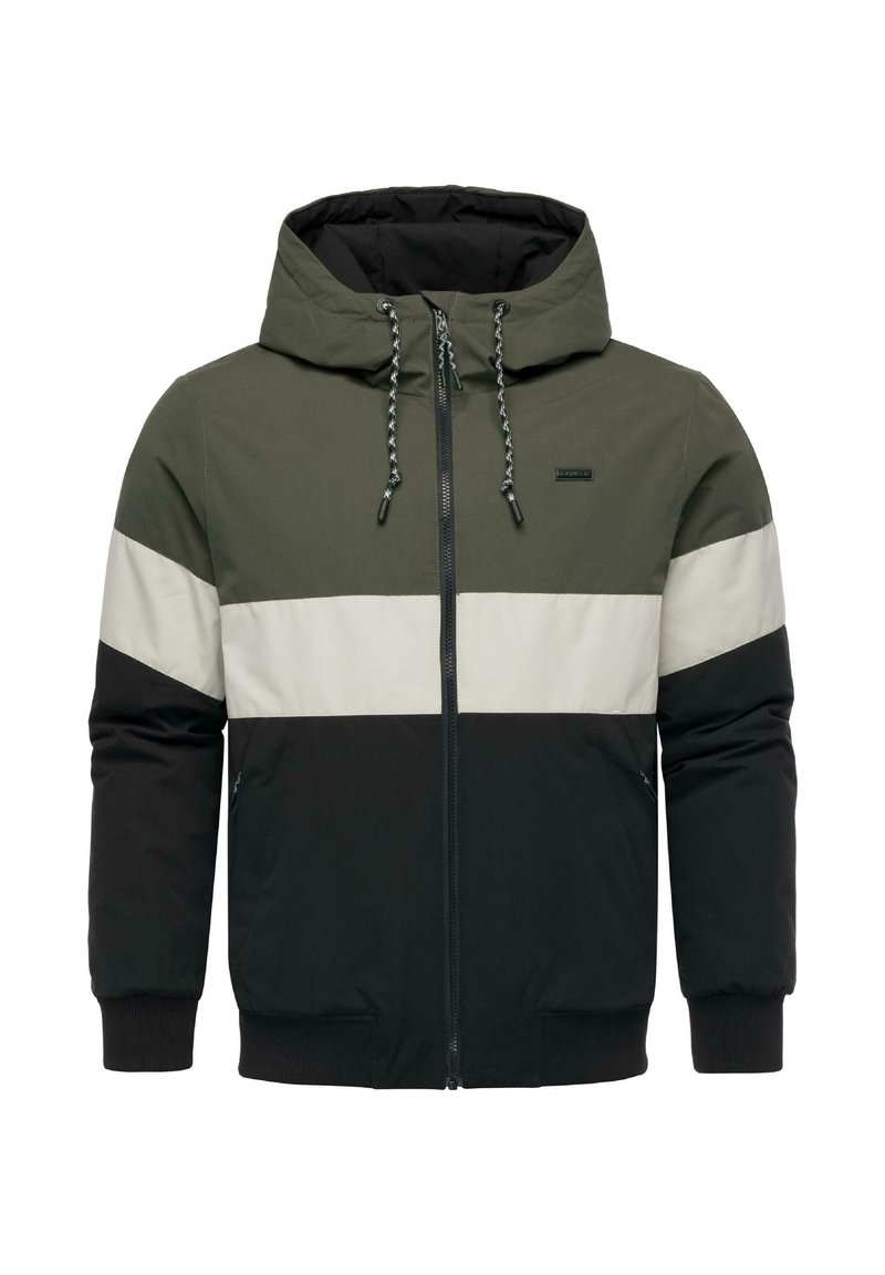 Giacca con cappuccio dal design colorblock in verde oliva, crema e nero. Caratterizzata da una chiusura con zip, cordini regolabili e polsini a coste.