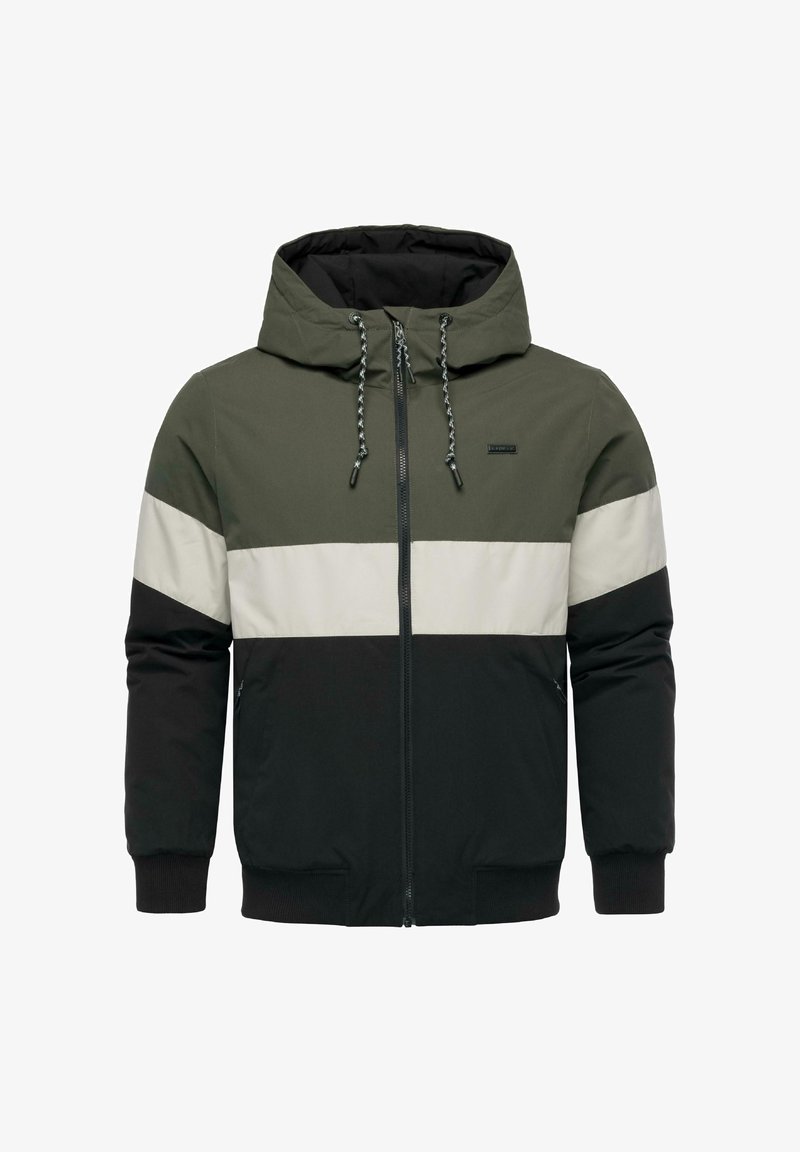 Hoodie-jacka med färgblockdesign i olivgrön, kräm och svart. Har dragkedja fram, justerbara dragsko och ribbade ärmslut.