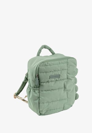 Heleda roheline pehme seljakott nelinurkse kujuga, tõmblukuga, ülemise käepideme, reguleeritavate rihmade ja külgedel tekstuursete ümmarguste aktsentidega.