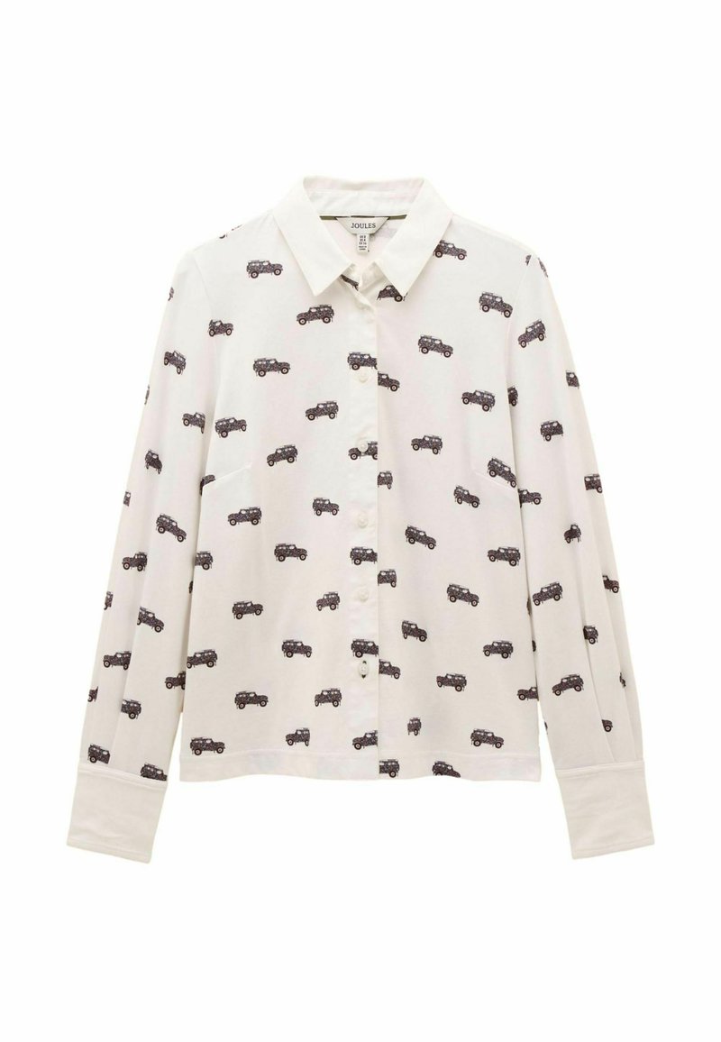 Biela košeľa s dlhým rukávom a zapínaním na gombíky, na látke s opakujúcim sa vzorom malých tmavých áut. Hladká textúra.