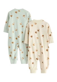 Deux grenouillères pour bébé en vert menthe et crème, fabriquées en tissu doux, avec un motif de renard répété, des manches longues et des poignets élastiques.