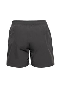 Czarne spodenki sportowe wykonane z lekkiego, gładkiego materiału. Posiadają elastyczny pas i prosty, nieozdobiony design.