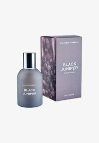 Czarny Juniper Eau de Toilette w matowej butelce ze srebrną zakrętką, w towarzystwie ciemnego, wzorzystego pudełka z roślinnymi ilustracjami.