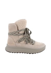 Sneaker alta beige con tomaia in tessuto peloso, dettagli in suede e lacci grigi testurizzati. La suola è spessa con battistrada in gomma scura.