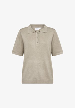 Beige Polohemd aus weichem, geripptem Material. Verfügt über einen klassischen Kragen, eine drei-Knopf-Leiste und kurze Ärmel mit gestricktem Saum.