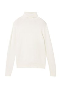 Bílý rolákový svetr z žebrovaného úpletu. Má dlouhé rukávy, pohodlný límec a volný střih s rovnou spodní hranou. Textura je měkká a hladká.