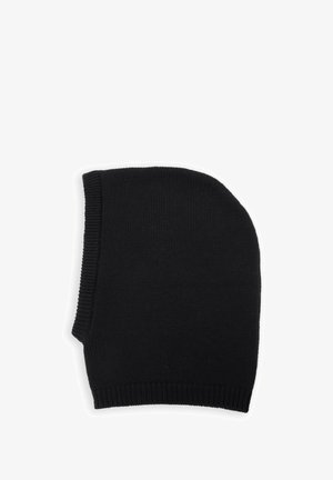 Czarna, dziana kominiarka z gładką fakturą, okrągłym kształtem i żebrowanym wykończeniem dla dopasowanego komfortu. Idealna do użytku na zewnątrz.