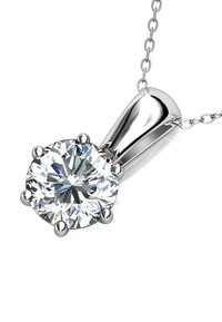 Ronde diamanten hanger met zettingen, zilveren ketting en gepolijste metalen afwerking. Eenvoudig ontwerp benadrukt de centrale steen.