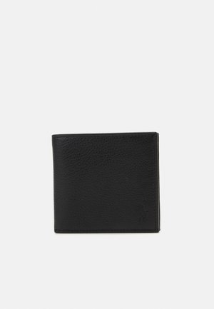 Black leather wallet with a textured finish, bifold design, and a small embossed logo on the front. Simple and compact in shape.
