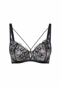 Czarny koronkowy stanik z kwiatowym wzorem, przezroczysty materiał, wsparcie z fiszbinami oraz regulowane ramiączka. Dekoracyjny akcent na środku.