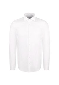 Camicia a maniche lunghe bianca con apertura a bottoni e colletto a punta, esposta su uno sfondo bianco semplice.