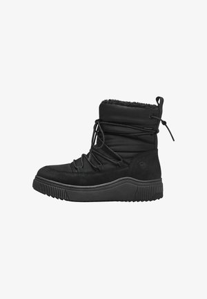 Black waterproof ankle boot with a quilted outer, textile lining, rubber sole, and adjustable lace features for a secure fit.