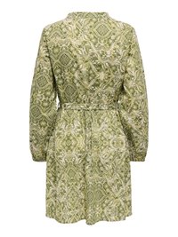 Robe à manches longues aux motifs verts et beiges avec taille cintrée et mélange de motifs floraux et géométriques, vue de dos.