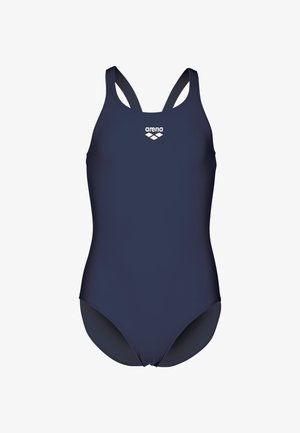 Bañador de una pieza en azul marino con tirantes ajustables, textura suave y logotipo de arena en blanco en el pecho. Diseño y corte clásico.