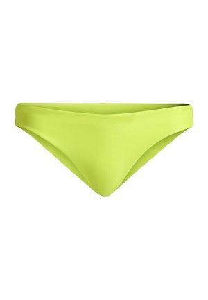 Bright lime green bikini bottoms with a low-rise cut and simple, smooth fabric design on a white background.