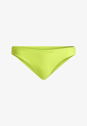 Bright lime green bikini bottoms with a low-rise cut and simple, smooth fabric design on a white background.