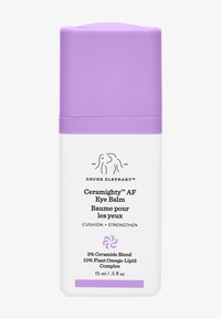 Drunk Elephant Ceramighty AF Eye Balm in a white container with a purple twist cap; label features black text and a decorative swirl graphic.