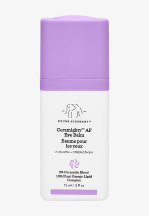 Drunk Elephant Ceramighty AF Eye Balm in a white container with a purple twist cap; label features black text and a decorative swirl graphic.