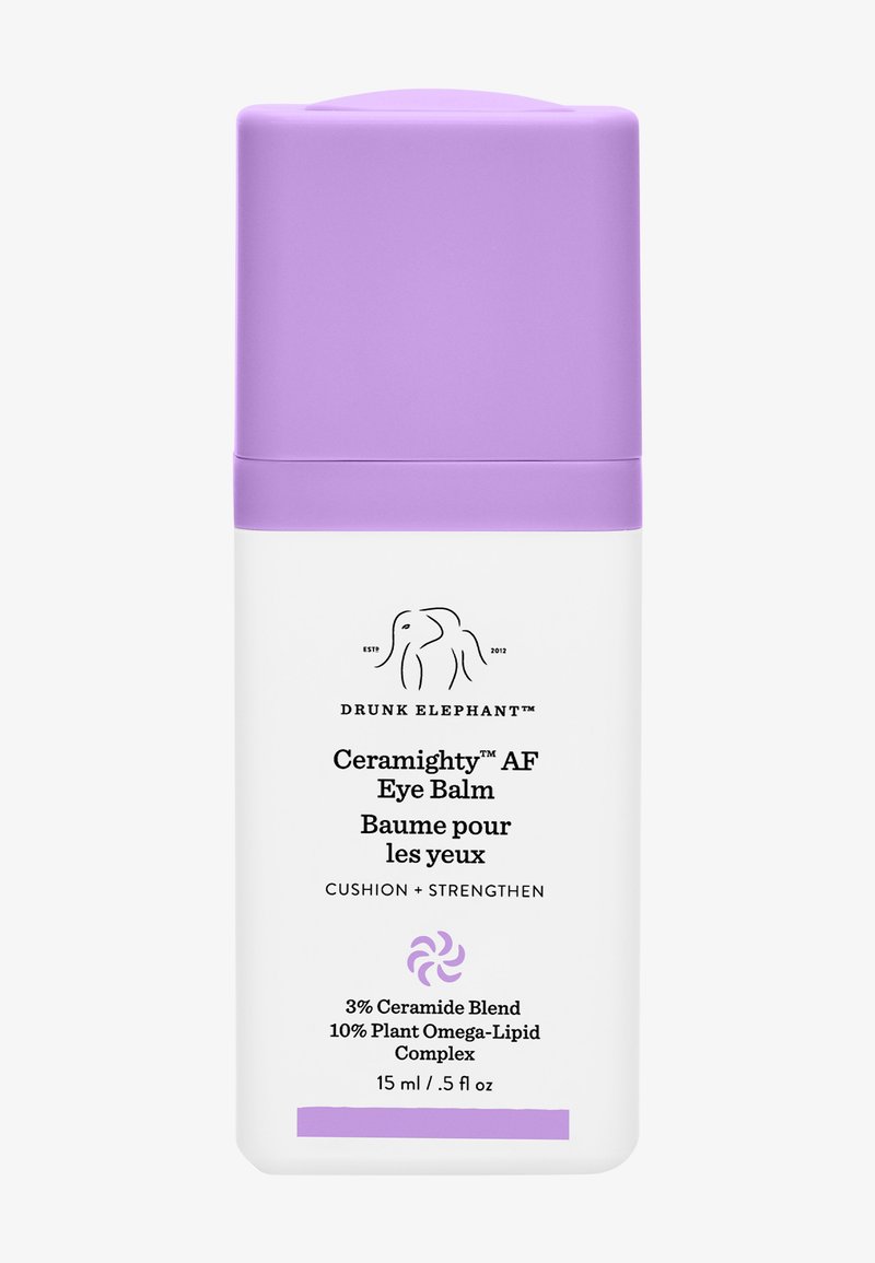 Drunk Elephant Ceramighty AF Eye Balm in a white container with a purple twist cap; label features black text and a decorative swirl graphic.