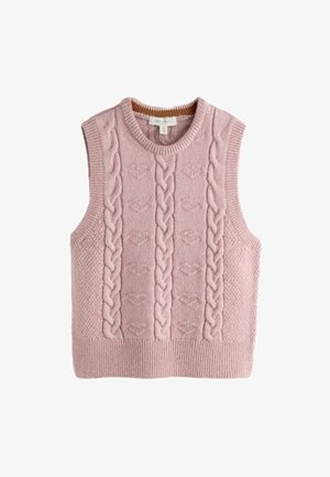 Ärmellose, rosa gestrickte Pulloverweste mit Zopf- und Rautenmuster, mit geripptem Ausschnitt, Armlöchern und Saum.