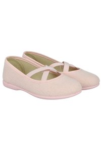 Bailarinas de color rosa claro con parte superior de tela texturizada, tiras elásticas cruzadas, punta redondeada y suela flexible. Ideales para un look casual.