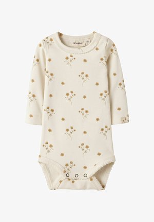 Body per neonati a maniche lunghe color crema con piccola stampa floreale marrone, scollo rotondo e chiusure a pressione sul fondo per facilitare il cambio del pannolino.