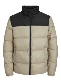 Giubbotto imbottito beige e nero con colletto alto, design a righe orizzontali, chiusura frontale con zip e polsini in elastico.
