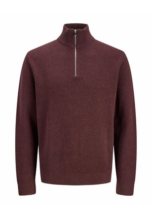 Burgundy värvi kaelusega pullover-sviiter, millega on pool-riet. Valmistatud tekstuuriga kudumisefabrist, millel on pikad varrukad ja lõdva istuvuse.
