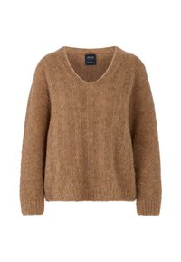 V-Ausschnitt Strickpullover aus weichem, strukturiertem braunem Material. Verfügt über eine lockere Passform und ein geripptes Muster im gesamten Gewebe.