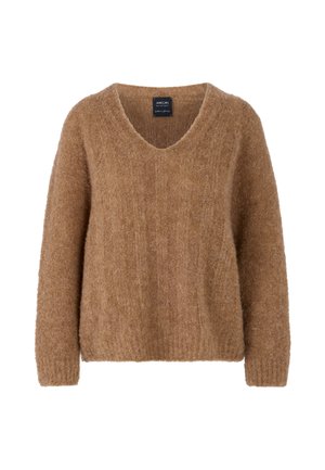 V-Ausschnitt Strickpullover aus weichem, strukturiertem braunem Material. Verfügt über eine lockere Passform und ein geripptes Muster im gesamten Gewebe.